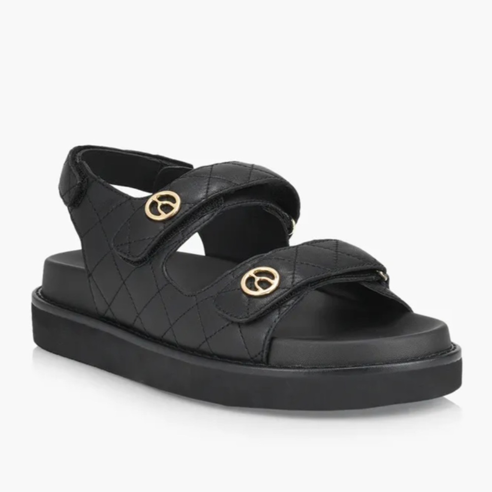 Women's wishbone sandals by Browns Black Quilted Sandals with Gold Accents